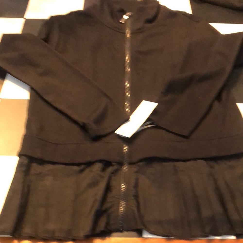 Black Zip-Up Jacket with Pleated Hem